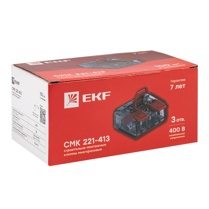 Клемма СМК 221-413 3 отверстия 0.2-4.0 мм2 (100шт.) EKF