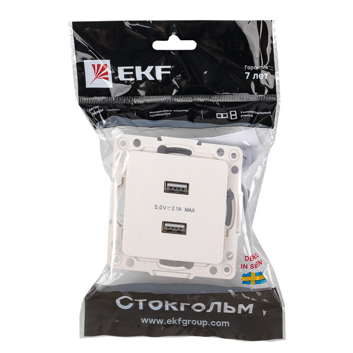 Розетка USB 2-я 2,1А белый EKF PROxima Стокгольм