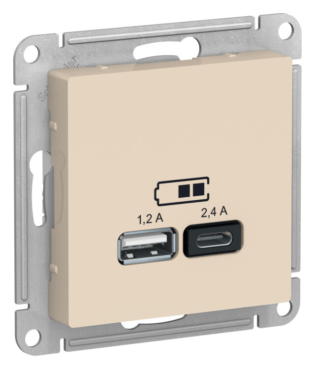 Розетка USB-A 1,2А + USB-C 1,2А, Бежевый, ATLAS DESIGN