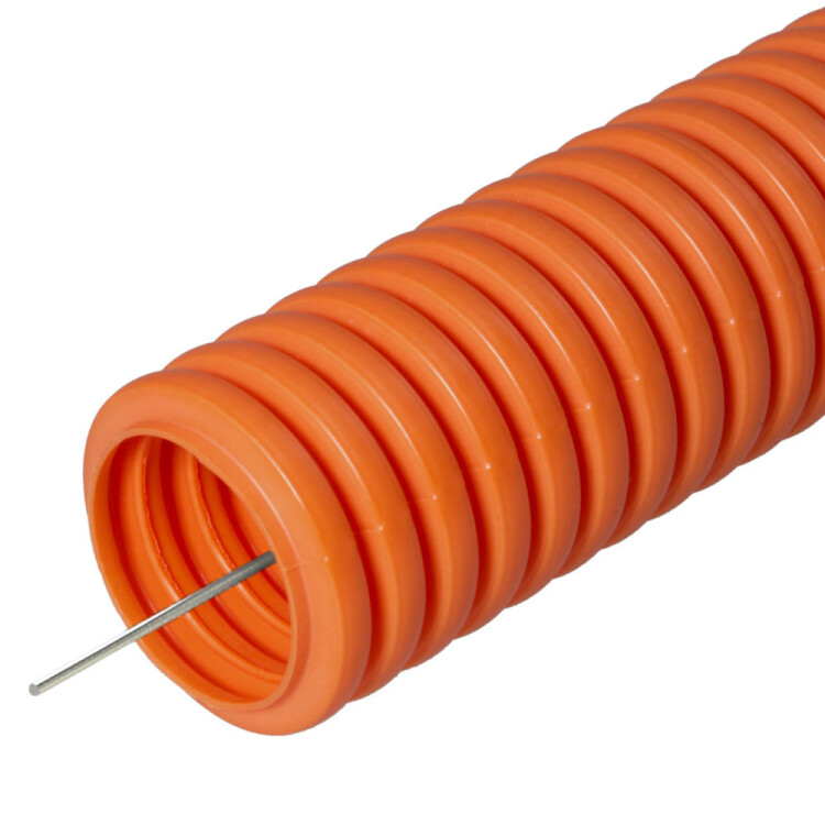 Труба гофрир. ПНД гибкая d20мм оранж. с протяжкой легкая HF (100м) Промрукав