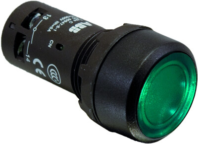 Кнопка с подсветкой CP1-11G-10 зеленая 24В AC/DC с плоской клавишей без фиксации 1НО